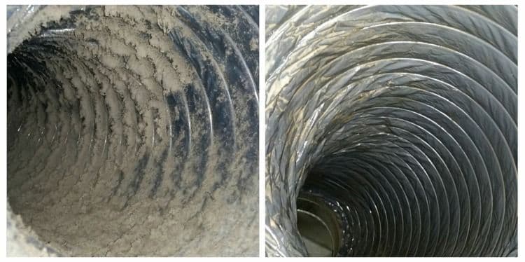 Before and after air duct cleaning showing heavy dust removed